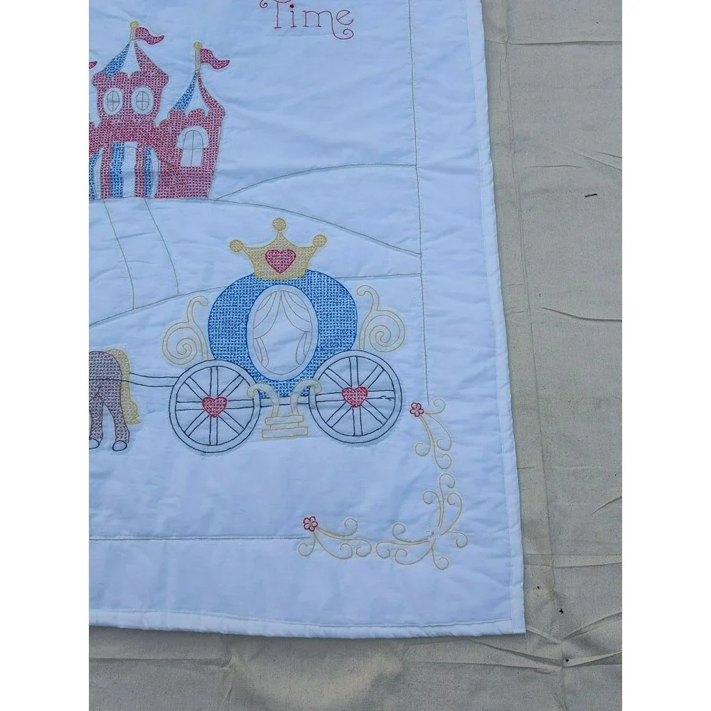 Handmade Baby Quilt, Embroidered Castle Carriage Once Upon a Time, 39
